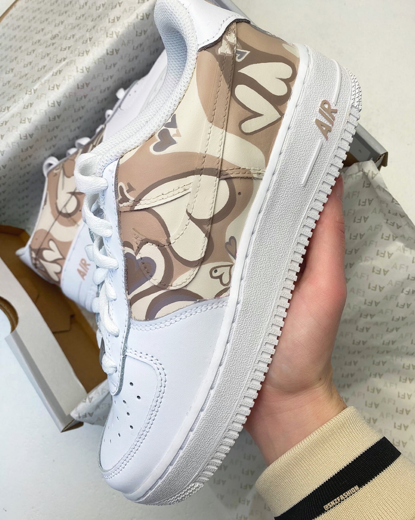 BEIGE AESTHETIC HEARTS NIKE AIR FORCE 1'S